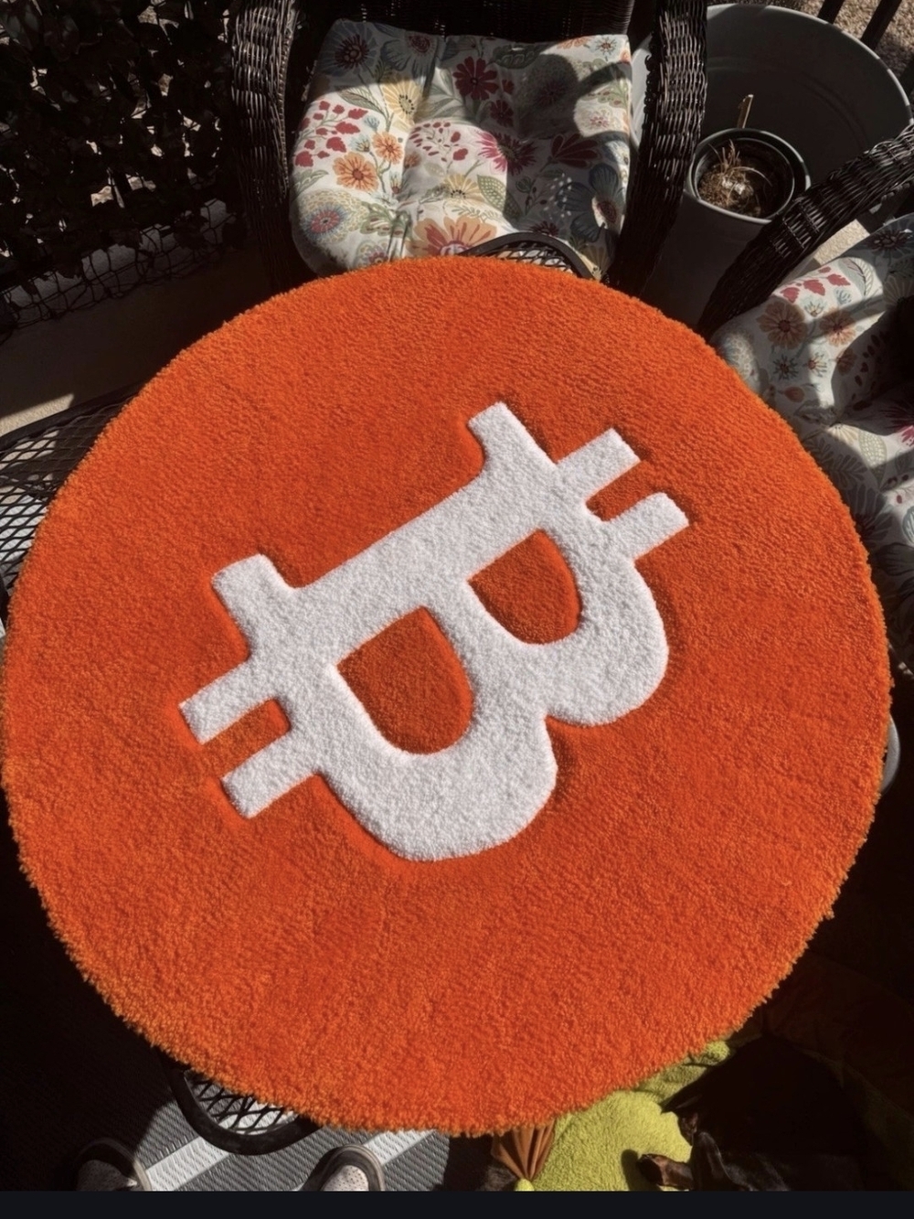Round Orange Rug with White Bitcoin Symbol